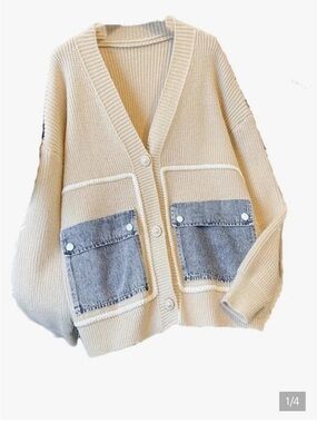 Cream Button-Front Cardigan withblue Denim Patch Pockets size xl NWT
